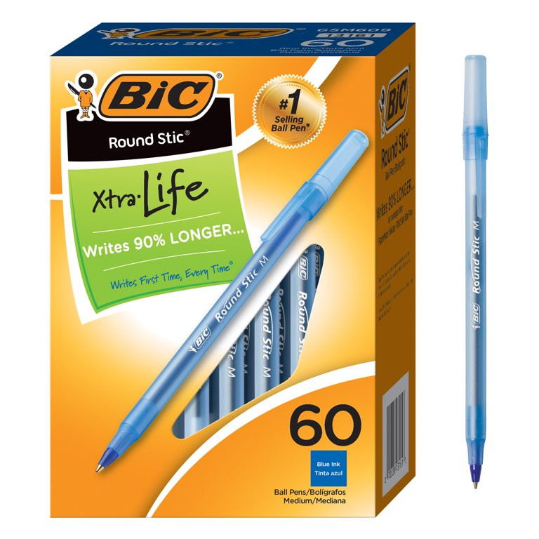 BIC Round Stic Xtra Life Ball Pen, Medium Point (1.0mm), Blue Ink, Bulk Pack of 60 Pens | Walmart (US)