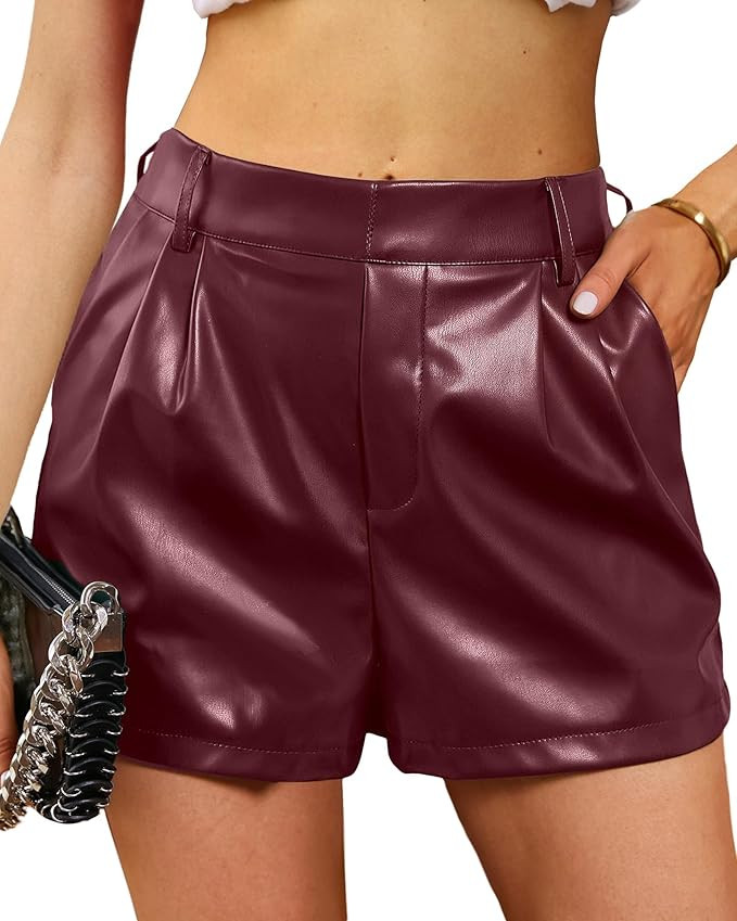 luvamia Faux Leather Shorts for Women High Waisted Pleated Wide Leg Stretchy Shorts with Pockets ... | Amazon (US)
