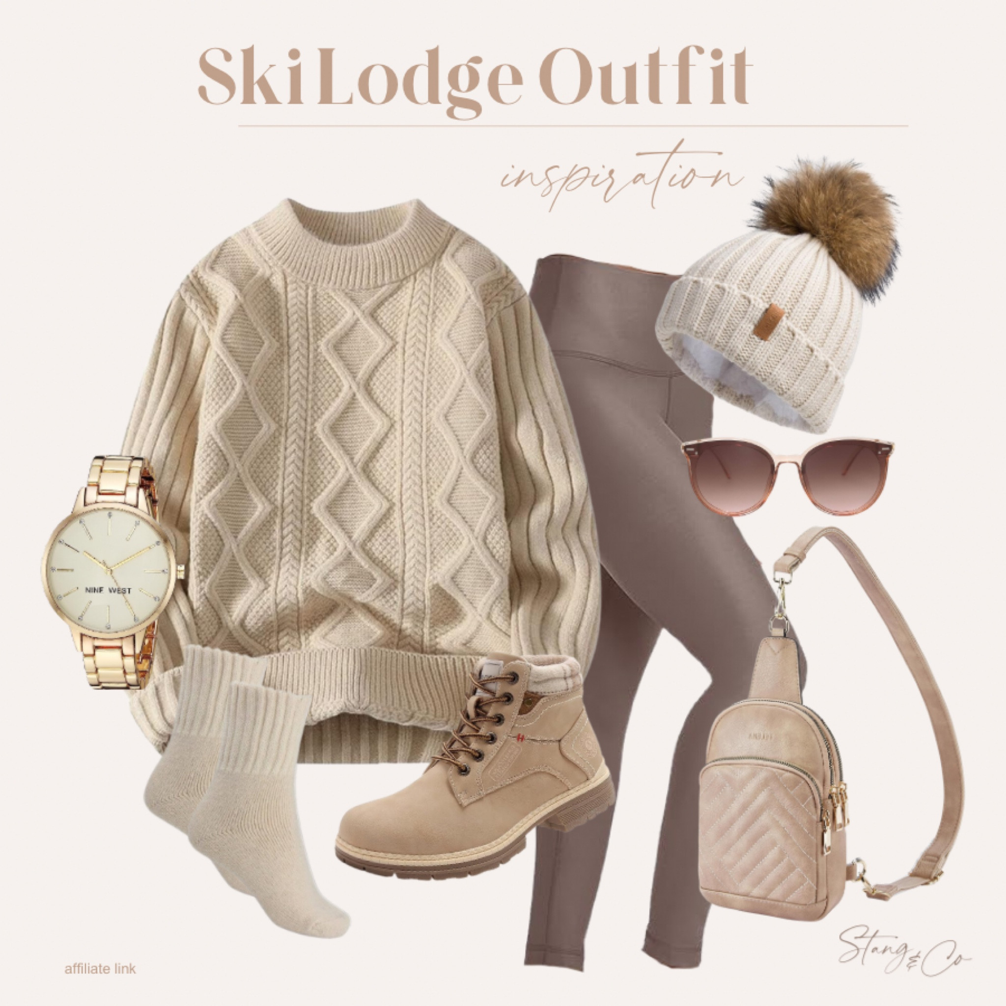 This ski lodge outfit includes a cable knit sweater (comes in a ton of colors), faux leather leggings, a pom pom beanie, snow boots, cozy socks, sunglasses, a neutral sling bag, and a gold watch. 

Apre ski, ski lodge outfit, snow outfit, winter vacation, casual style, tall style, Amazon fashion, ootd

#LTKshoecrush #LTKstyletip #LTKfindsunder50