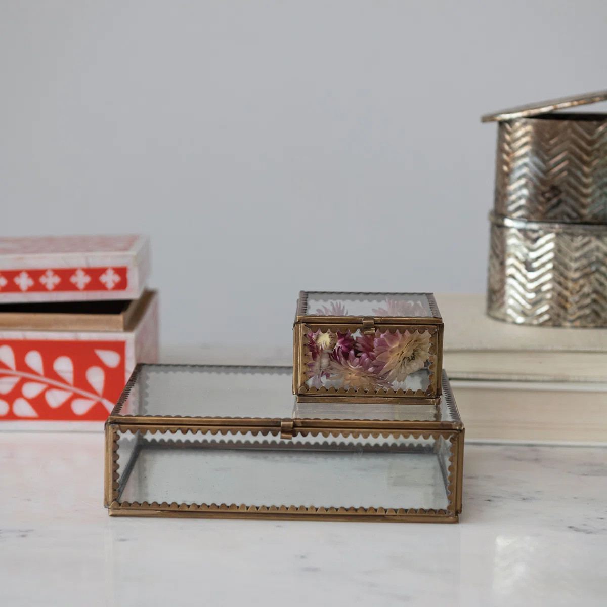 Long Brass and Glass Display Box with Scalloped Edges and Antique Finish | Wayfair North America