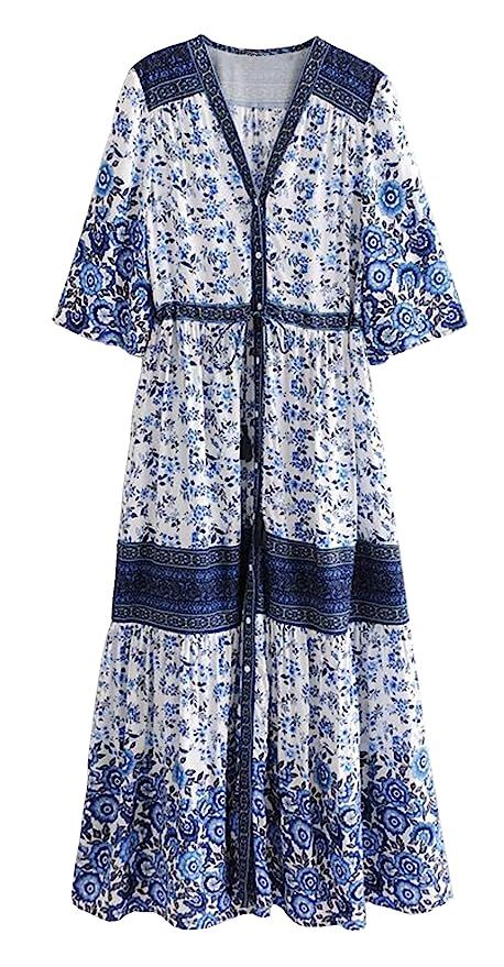 R.Vivimos Women Summer Cotton V Neck Buttons Floral Print Drawstring Bohemian Maxi Dresses | Amazon (US)