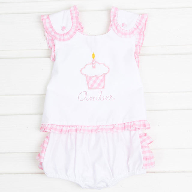 Cupcake Applique White Popover Bloomer Set | Classic Whimsy