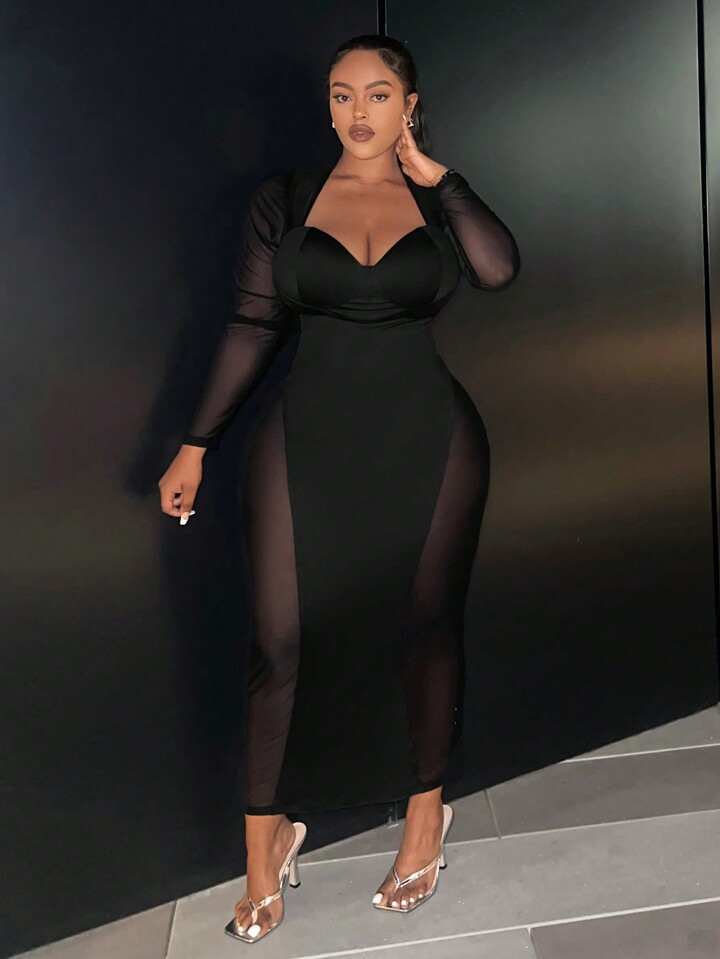 SHEIN Slayr Plus Size Women's Mesh Patchwork Bodycon Dress | SHEIN