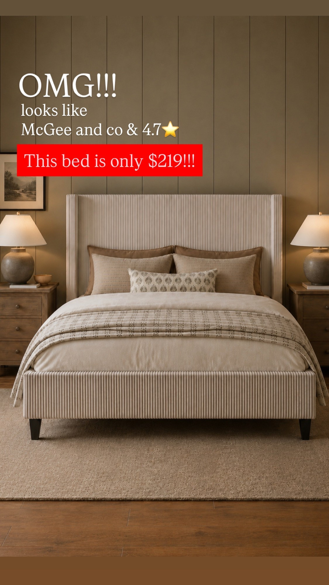 This bed gives such a high end designer look without the price. I love the modern wingback shape mixed with the ribbed corduroy texture. It’s fully upholstered, and has thousands of reviews with a 4.7 star rating. It looks like something from Crate & Barrel or McGee & Co for way less.
