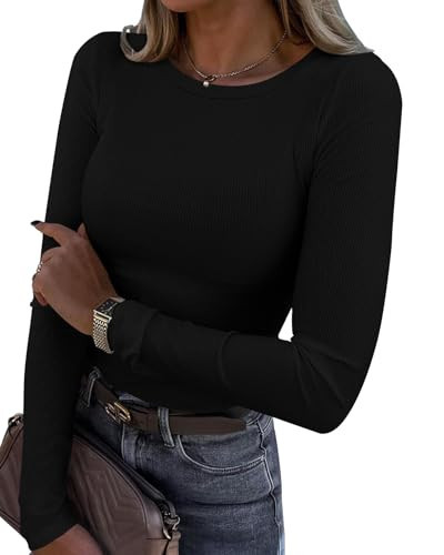 DB MOON Womens Ribbed Tops Black Long Sleeve Shirts Fall Fitted Crewneck Layer Slim Basic Tee 2XL | Amazon (US)