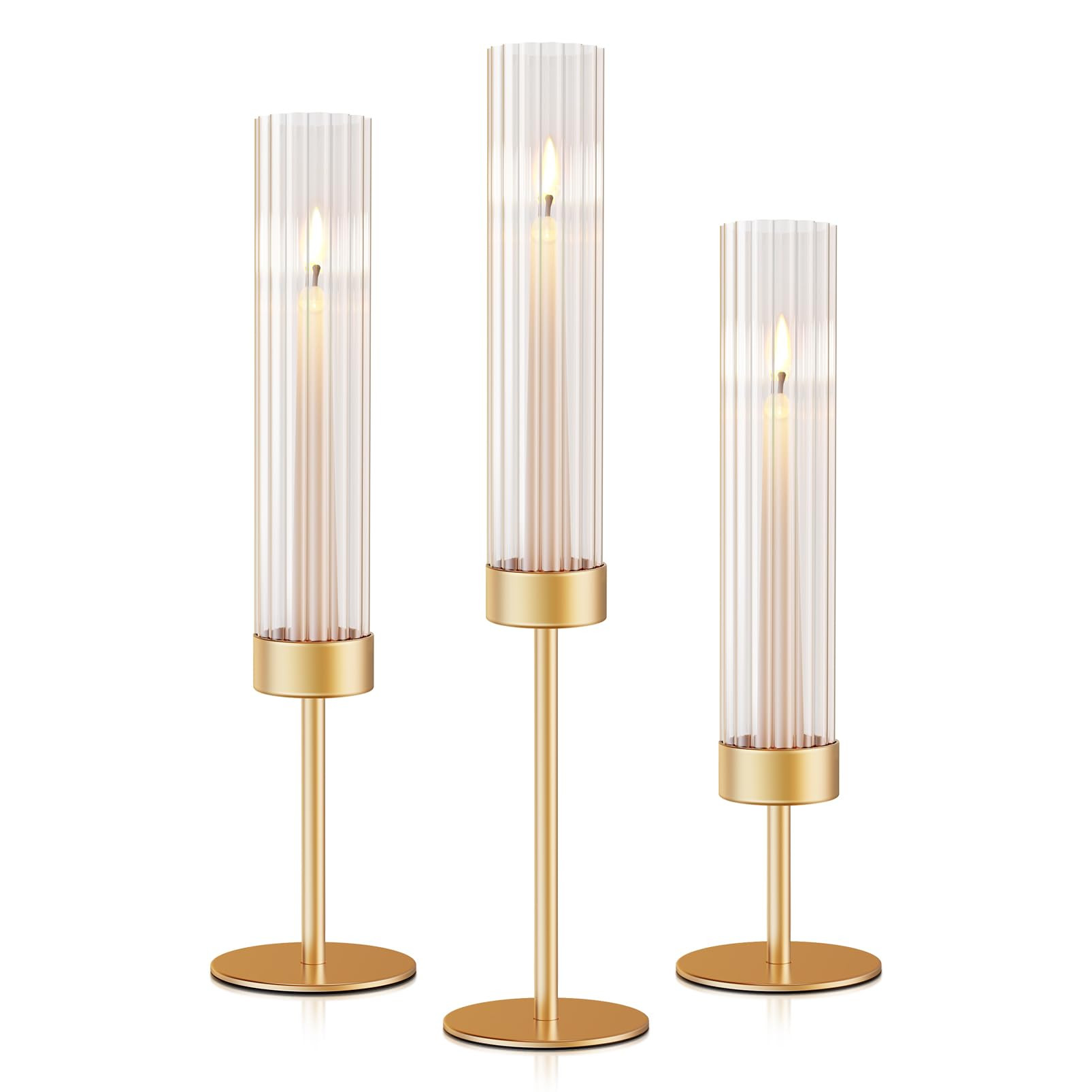 Gold Hurricane Candle Holders: Fluted Tall Candlestick Holders for Wedding Brass Taper Candle Hol... | Amazon (US)