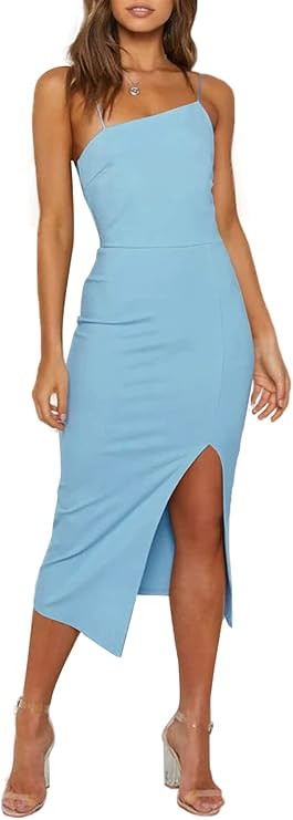 LYANER Women's Spaghetti Straps Split Hem Sleeveless Zipper Bodycon Midi Dress | Amazon (US)