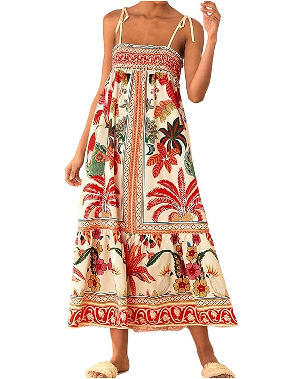 WDIRARA Women's Boho Floral Sleeveless Ruffle Maxi Dress Tropical Graphic Tie Shoulder Smocked Ca... | Amazon (US)