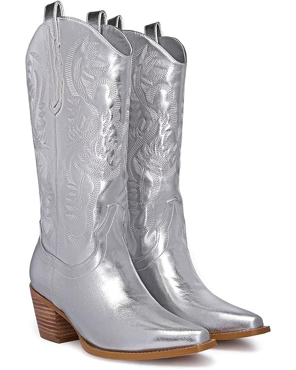 GOSERCE Western Cowboy Mid Wide Calf Boots Pull-Up Tabs Embroidered Sparkly Glitter Metallic Cowg... | Amazon (US)