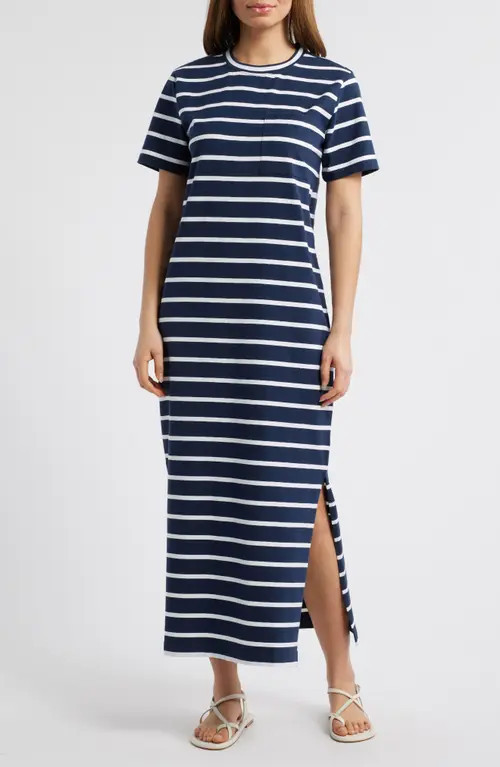 caslon(r) Patch Pocket Stripe Maxi T-Shirt Dress in Navy- White Tilly Stripe at Nordstrom, Size Large | Nordstrom