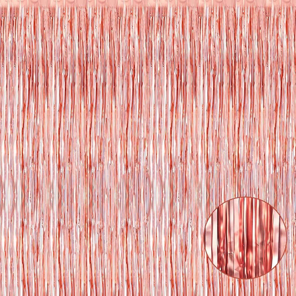 HalloweenDecorate 4 Pack Rose Gold Foil Fringe Curtain Backdrop, 3.28Ft x 8.2Ft Metallic Tinsel F... | Amazon (US)