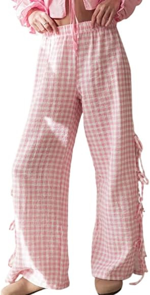 Womens Gingham Striped Wide Leg Pants Y2k Lounge Pants Lace Up Loose Trousers | Amazon (US)
