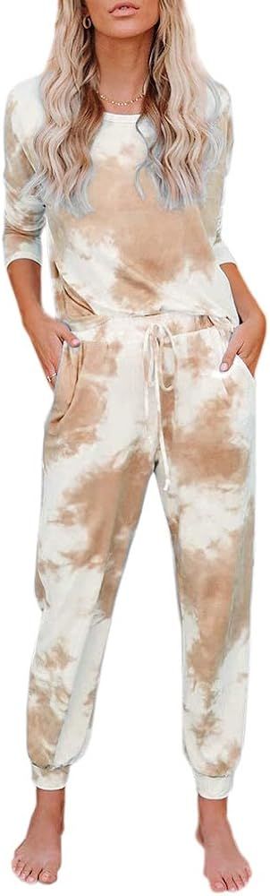 Geckatte Womens Tie Dye Long Sleeve Sleepwear Loose Casual Soft Lounge Wear Pajamas Sets | Amazon (US)