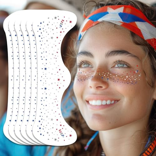 Ovaserva 4th of July Freckles Glitter Stars - Patriotic Face Tattoos with Red White & Blue Sparkles | Waterproof Temporary Tattoos for Independence Day & Everyday Makeup (8 Sheets) | Amazon (US)