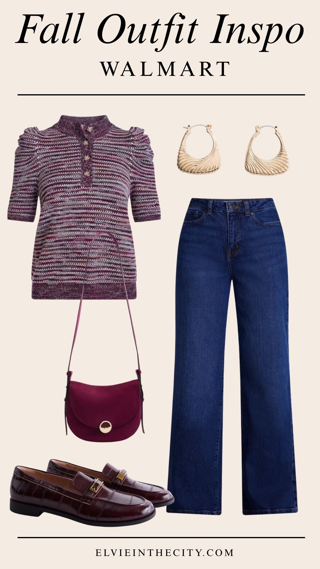 This fall outfit inspo from Walmart includes a Henley sweater with puff sleeves, wide leg blue jeans, Merlot buckle loafers, Merlot wine crossbody bag, and gold-toned ribbed earrings

Walmart finds, over 50 style, midlife fashion, petite fashion,midlife women, affordable fashion, fashion over40

#LTKOver40 #LTKPetite #LTKootd