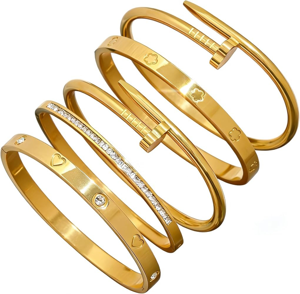 5pcs Cuff Bracelets Set for Women 18K Gold Plated No Tarnish Dainty Stainless Steel Cuff Bracelet | Amazon (US)