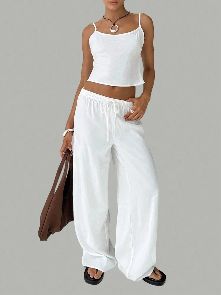 SHEIN BASICS Solid Color Woven High Waisted Wide Leg Casual Women's Pants/Summer | SHEIN
