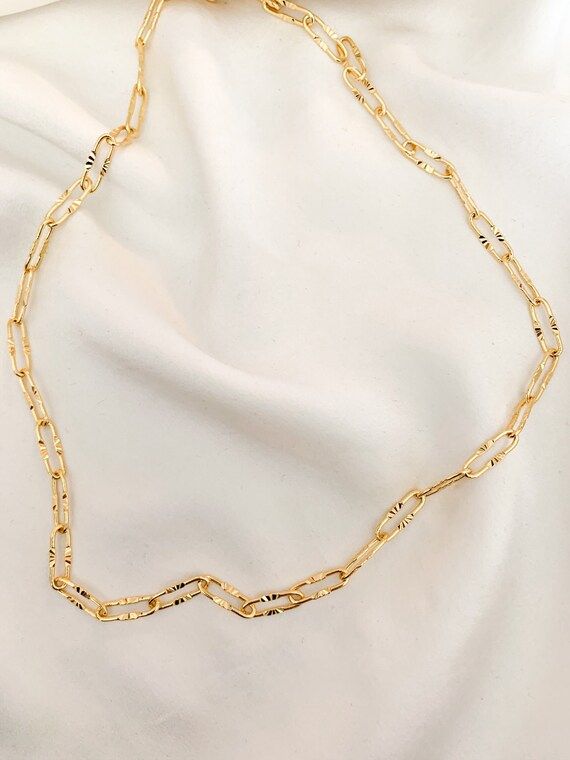 24k GF Dainty Paperclip Chain Necklace, Elongated Oval Link Chain with Bevel Detail, Adjustable L... | Etsy (US)