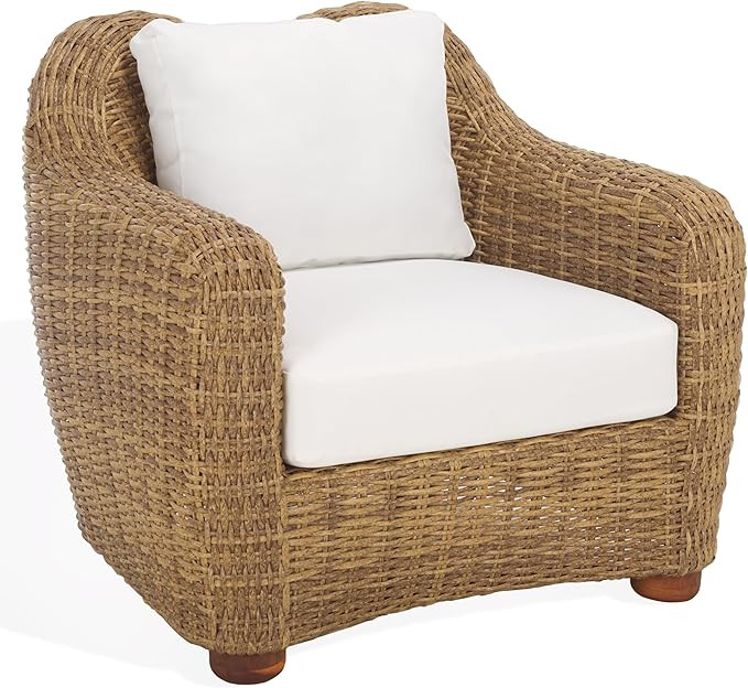 SAFAVIEH Couture Outdoor Collection Melbourne Natural/White Cushion Wicker Patio Accent Chair | Amazon (US)