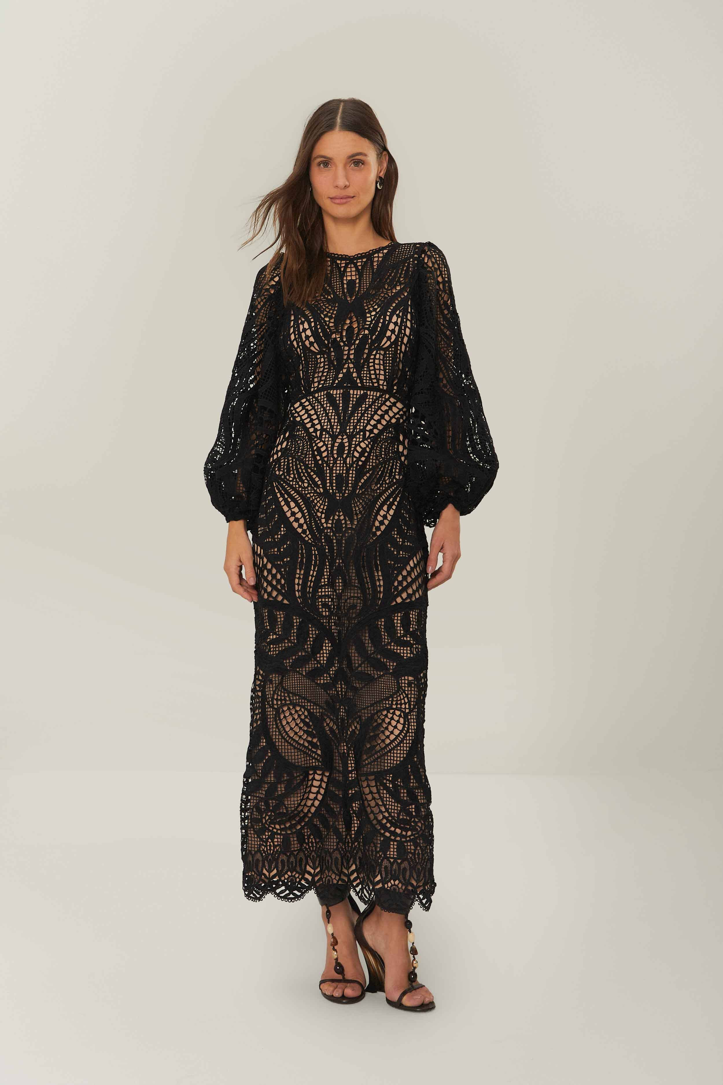 Black Nature Guipure Midi Dress | FarmRio (US)