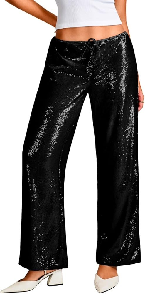 Sequin Pants,Low Rise Wide Leg Sparkly Bottoms for Women,Glitter Disco Concert Rave Outfit | Amazon (US)