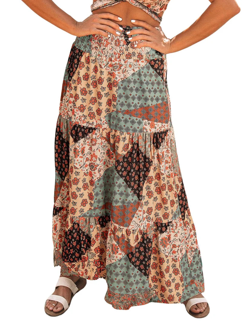 SOMER Womens Summer Skirt Floral Print Boho Maxi Skirt Elastic High Waist Pleated Ruffle Flowy Lo... | Walmart (US)