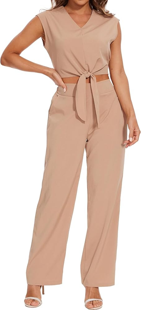 Women's Summer 2 Piece Outfits Cap Sleeve V Neck Belted Crop Tops Cropped Wide Leg Pant Sets Jump... | Amazon (US)