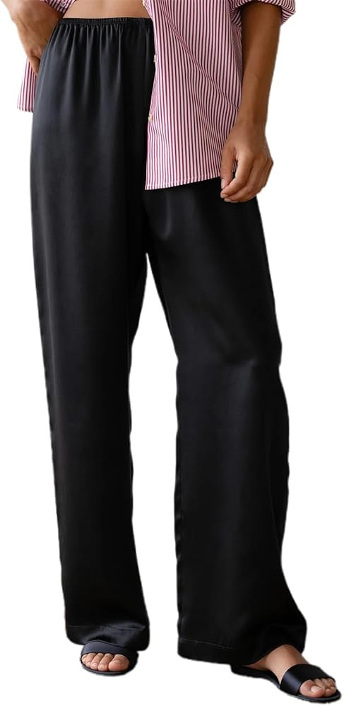 SOLILOQUY Women Y2K Satin Wide Leg Pants Casual Elastic High Waist Solid Loose Fit Lounge Pants O... | Amazon (US)