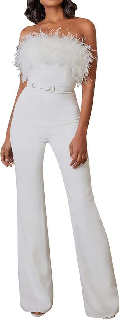 Amazon.com: Rompers for Women's Club Party Jumpsuits Summer Fashion Sleeveless Feather Bandeau Sl... | Amazon (US)