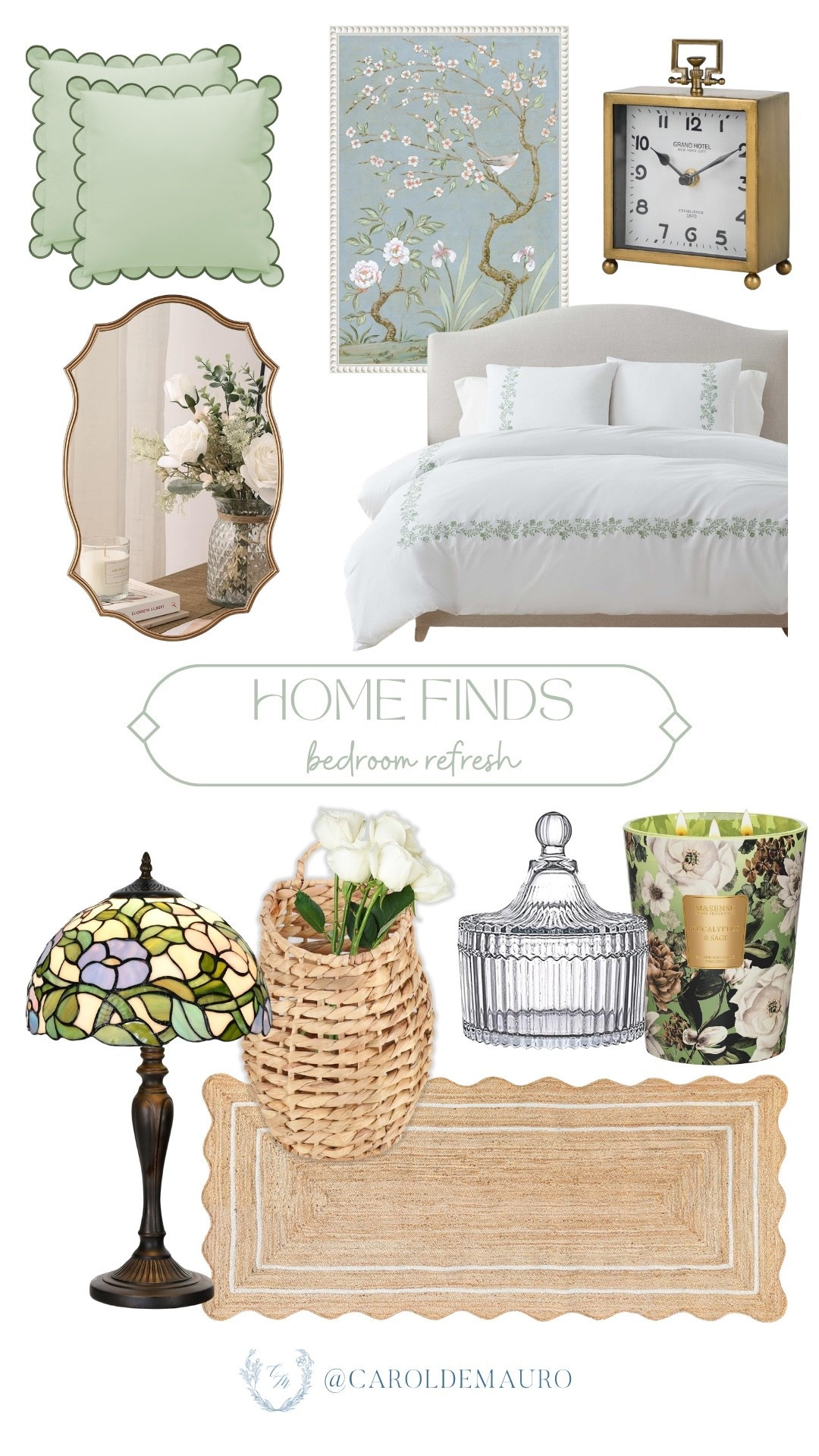 You can give your bedroom a fresh feel by mixing soft green scalloped pillows with a natural jute rug. Adding a vintage-style clock and a stained-glass lamp is such an easy way to bring calm, cozy character to your space.

bedroom goals, spring refresh, floral decor, bedroom makeover, aesthetic furniture, whimsical style, cozy home, lighting fixtures

#LTKHome #LTKSeasonal #LTKU