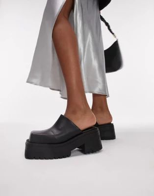 Topshop Luna premium leather chunky clog mule in black | ASOS (Global)