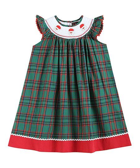 Navy & Green Plaid Santa Angel-Sleeve Bishop Dress - Infant, Toddler & Girls | Zulily