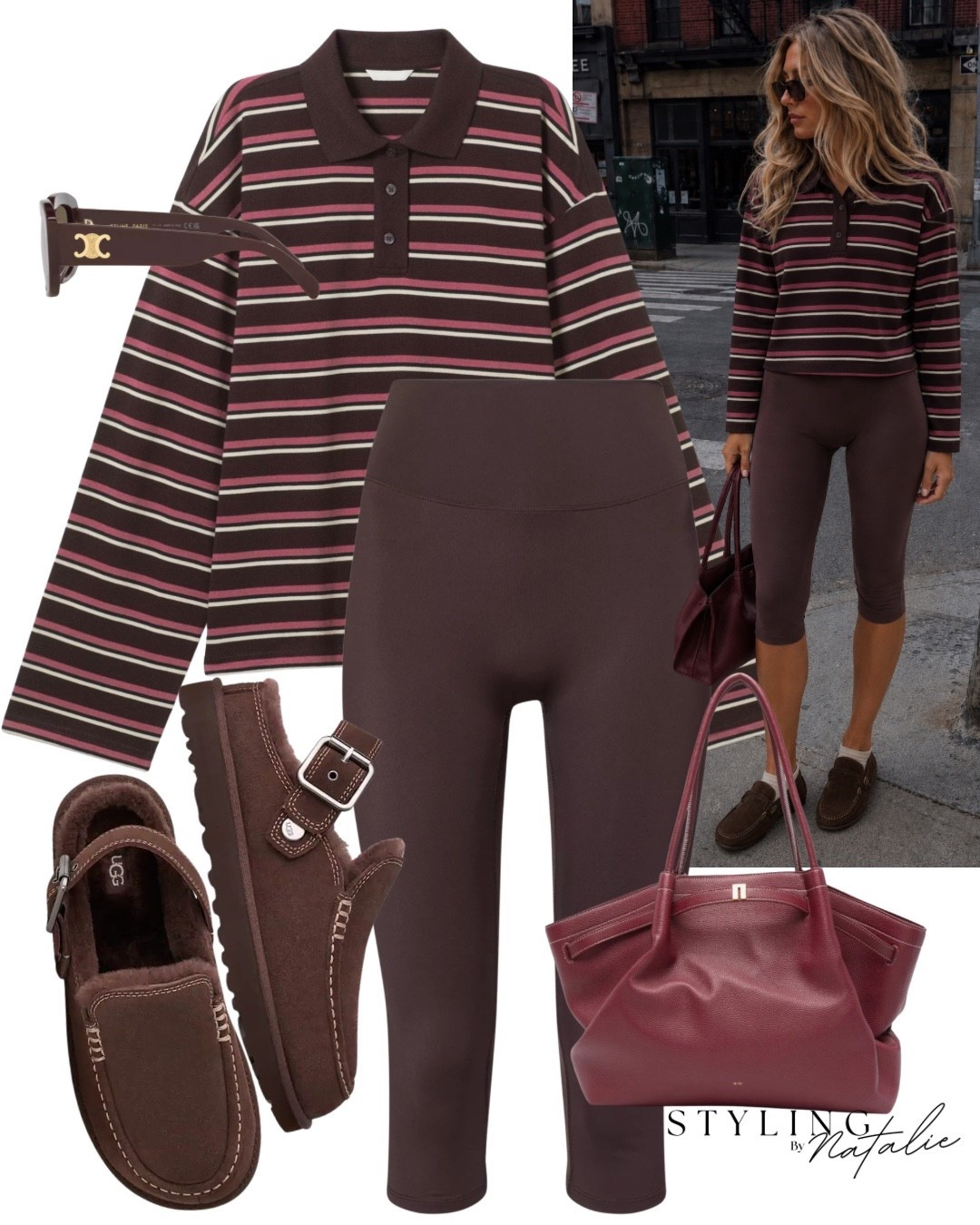 Stripe long sleeve polo t-shirt, chocolate brown capri leggings, Ugg Elvina clogs, burgundy bag and feline sunglasses. 
Autumn fashion, transitional wear, fall outfit, rugby top

#LTKautumn #LTKuk #LTKeurope