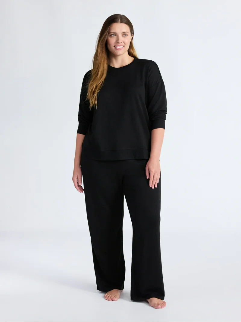Joyspun Women's Fleece Long Sleeve Top and Straight Leg Pants Lounge Set, 2-Piece, Sizes XS-3X | Walmart (US)