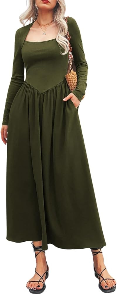 Women's Long Sleeve Maxi Dress 2024 Fall Crewneck Knit Casual Solid Wedding Guest Flowy Long Dres... | Amazon (US)