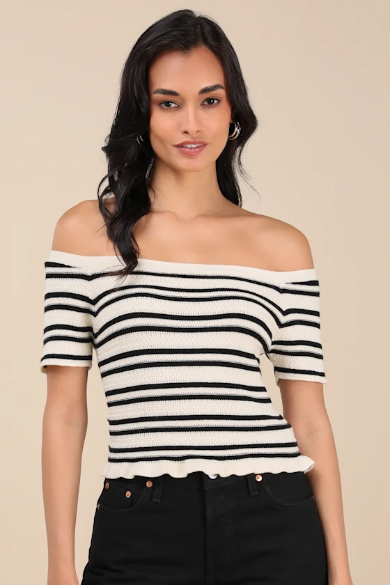 Erela Cream and Black Striped Off-the-Shoulder Sweater Top | Lulus