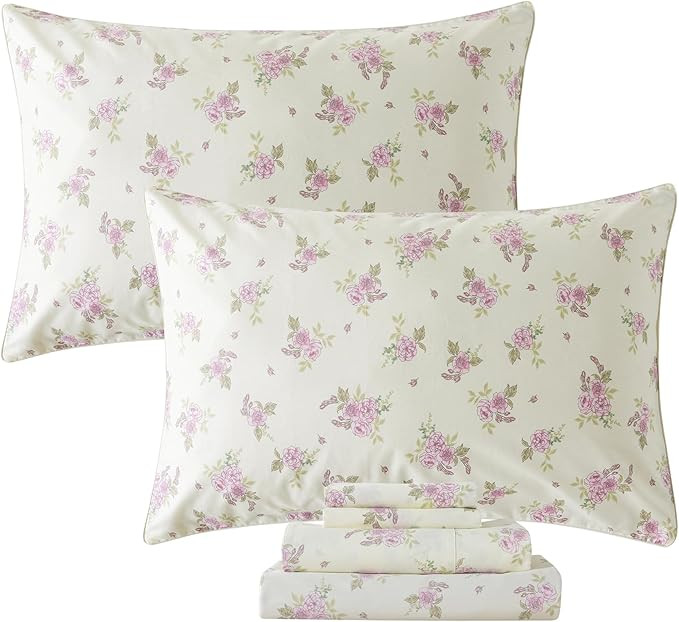 FADFAY Sheets Set Twin Rose Printed Floral Bedding Shabby Beige Flower Bed Sheet Set Vintage Farm... | Amazon (US)