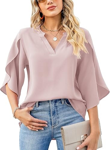 LUYAA Women's Casual Chiffon Blouse Tops 3/4 Ruffled Sleeve V Neck Loose Fit Blouses Shirts | Amazon (US)