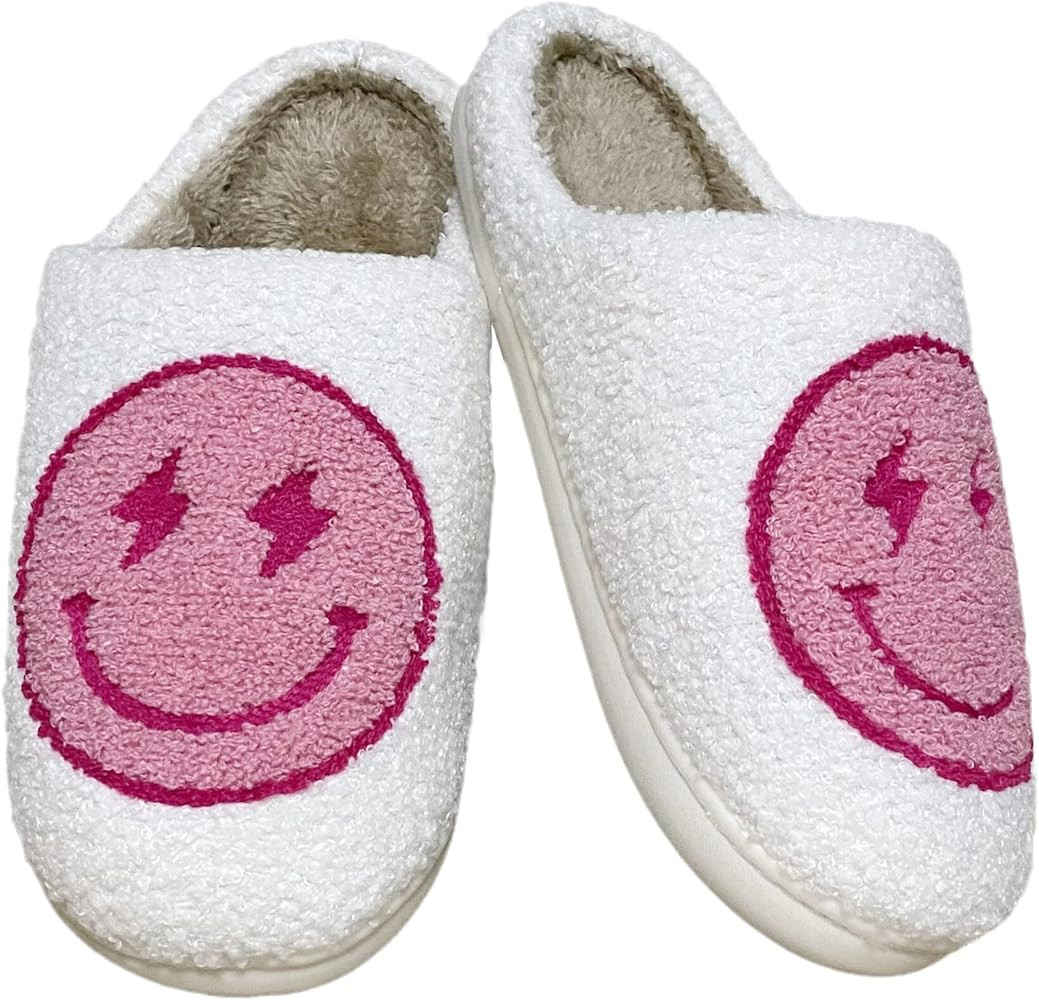 DakinFu Women's Men's Cute Bolt Lightning Evil Eyes Slippers Fuzzy Happy Smile Face Slippers Hous... | Amazon (US)