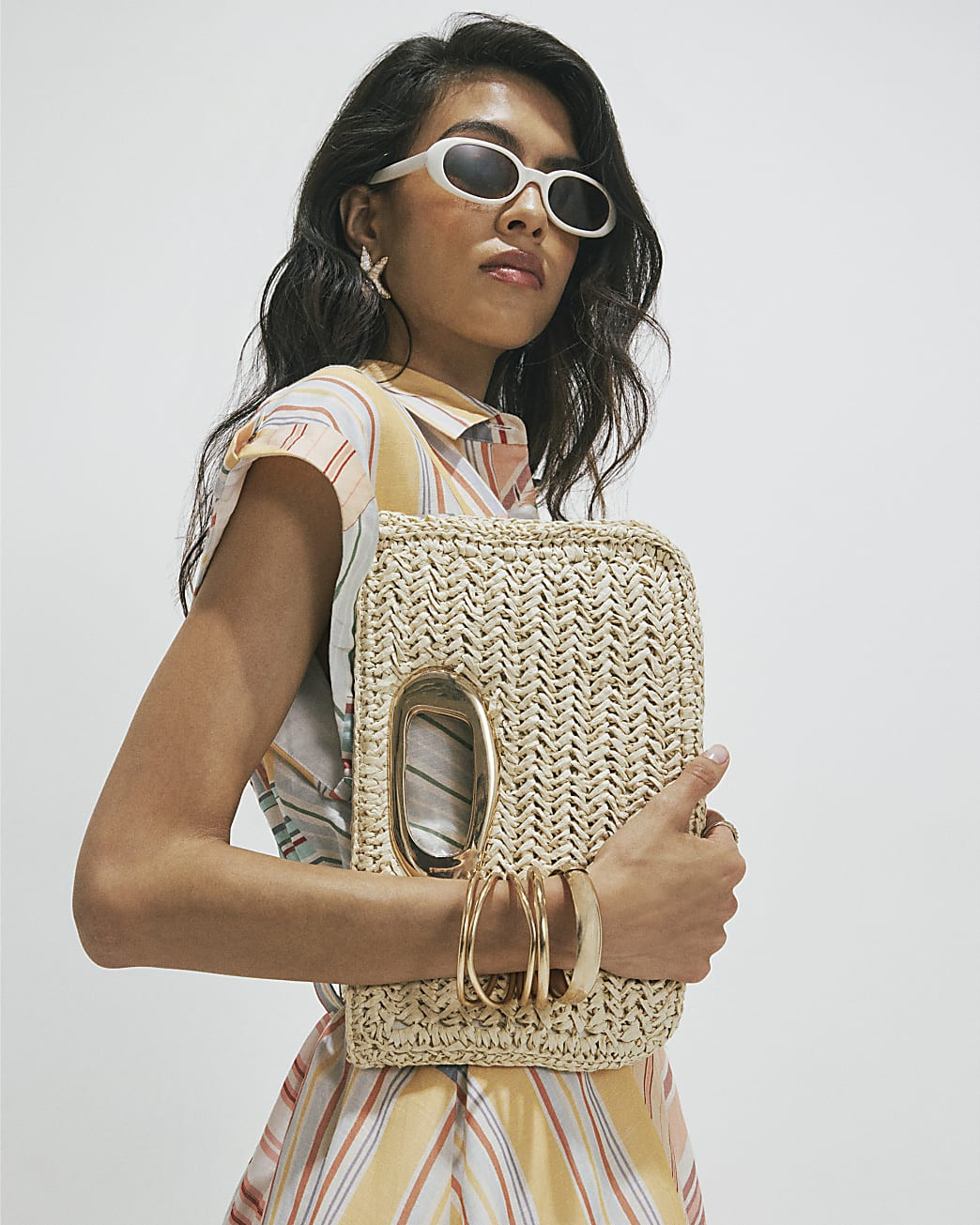 Beige Raffia Metal Handle Clutch Bag | River Island UK & IE