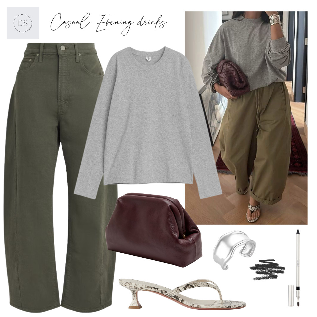Smart casual date night outfit. 

Long sleeve grey cotton t-shirt, khaki barrel leg jeans, burgundy leather framed clutch bag, snake print leather heeled thong mules, black eyeliner, silver molten cuff. 

 #LTKuk #LTKautumn #LTKdatenight