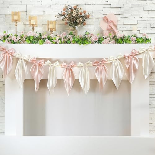 VitalCozy 1 PCS White Pink Bow Garland Banner, Satin Ribbon Hanging Party Bow Garland Decoration ... | Amazon (US)