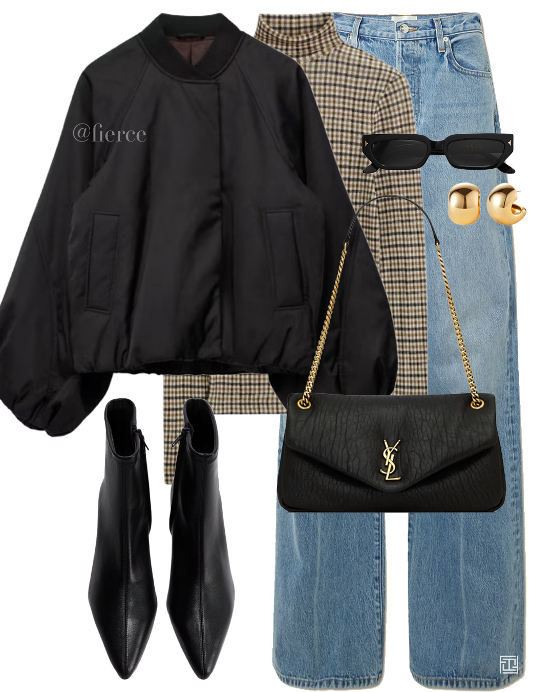 blue loose jeans check roll neck top black bomber jacket black heeled ankle boots black ysl chain shoulder bag chic outfit city break lunch date  

 #LTKuk #LTKautumn #LTKwinter