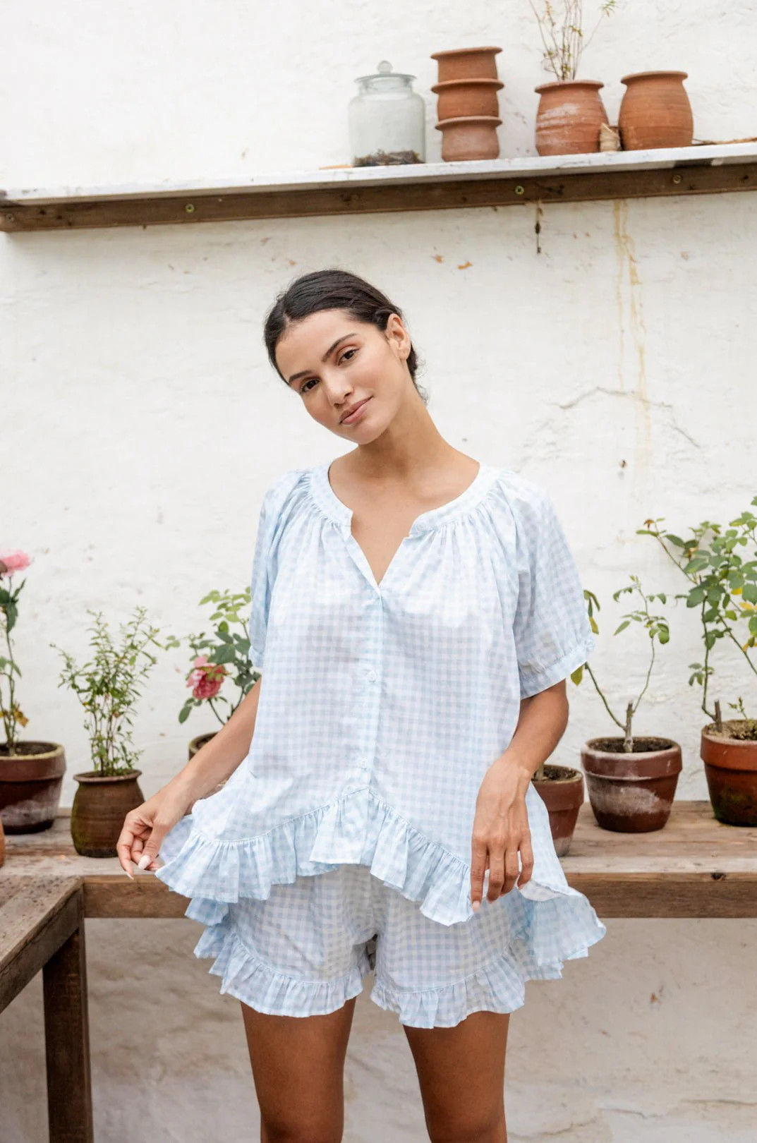 Sophie Sleep Set - Cotton - Gingham Pale Blue | Piyama US