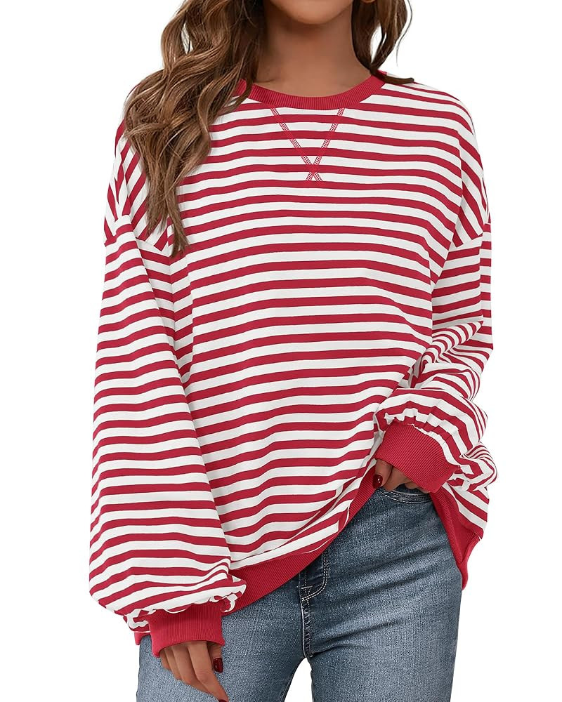 BTFBM Womens Oversized Striped Sweatshirt Crewneck Long Sleeve Pullover Top Casual Y2K Fall Cloth... | Amazon (US)