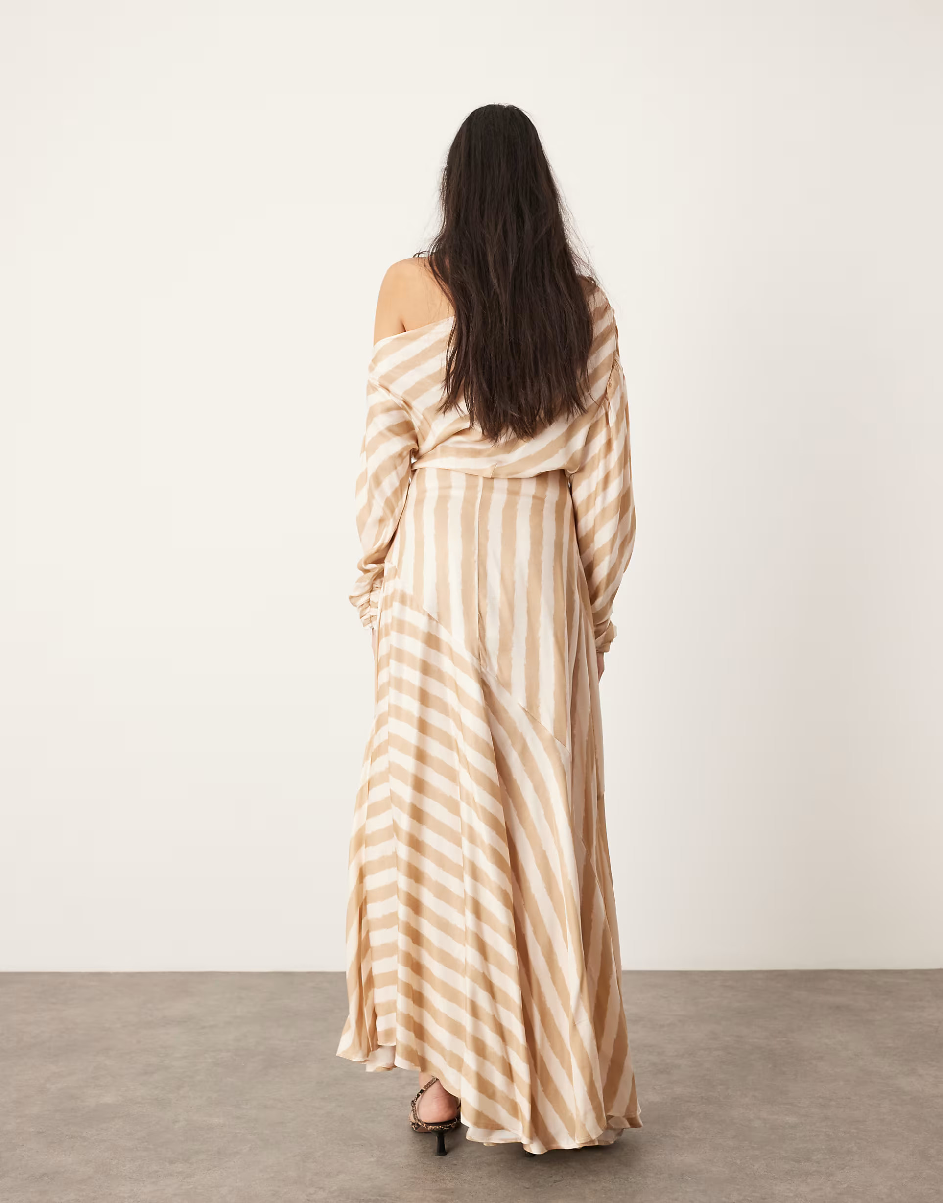ASOS EDITION fallen shoulder maxi dress in stone stripe | ASOS (Global)