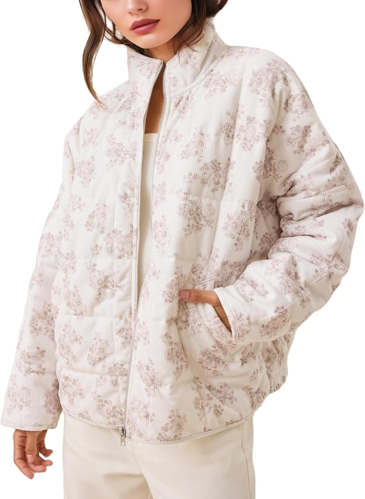 Womens Quilted Jackets Corduroy Lightweight Coat Full-Zip Padded Fall Casual Outerwear with Pocke... | Amazon (US)