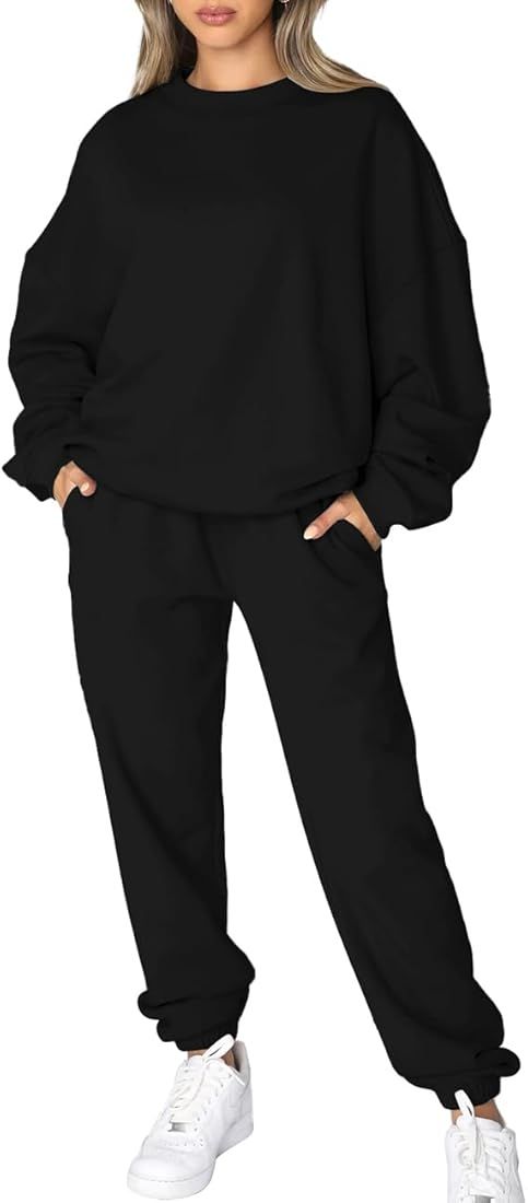 FUPHINE Women's 2 Piece Oversized Warm Outfits Crew Neck/Hooded Sweatshirts Jogger Pants/Shorts S... | Amazon (US)