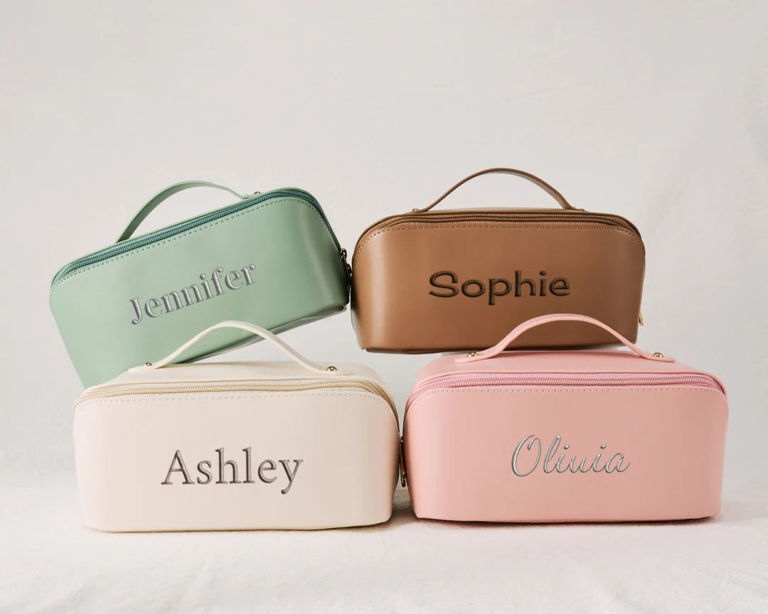 Leather Name Embroidered Makeup Bag, Personalize Wedding Bridesmaid Pouch, Cosmetic Travel Storag... | Etsy (US)
