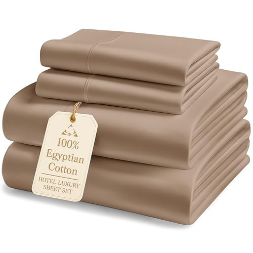 LANE LINEN Luxury 100% Egyptian Cotton Sheets Queen Size Bed Set, Eo Friendly Oeko-Tex Certified No Pill Fade Resistant Fully Elasticized Machine Washable Cotton Cooling Bed Sheet -Taupe | Amazon (US)